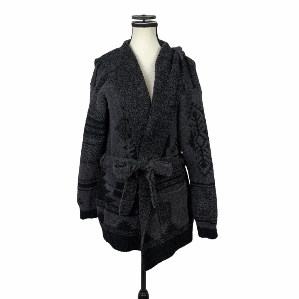 Barefoot Dreams CozyChic Belted Wrap Cardigan Gray Black Aztec Geometric M/L - Picture 2 of 11